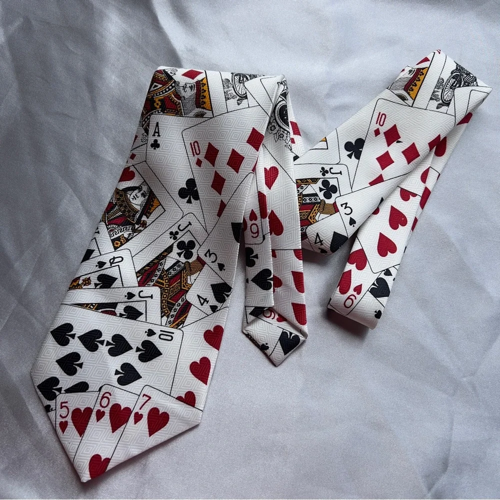 UMA LORENZO COLLECTION Menswear Cream Off White Play Cards Joker Pattern Necktie